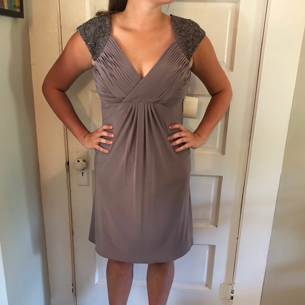Taupe (Tan) Dress with beaded sleeves